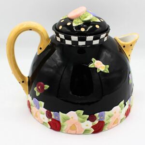 Vintage Mary Engelbreit Ceramic Teapot Black Cottage Rose Country Garden Checker
